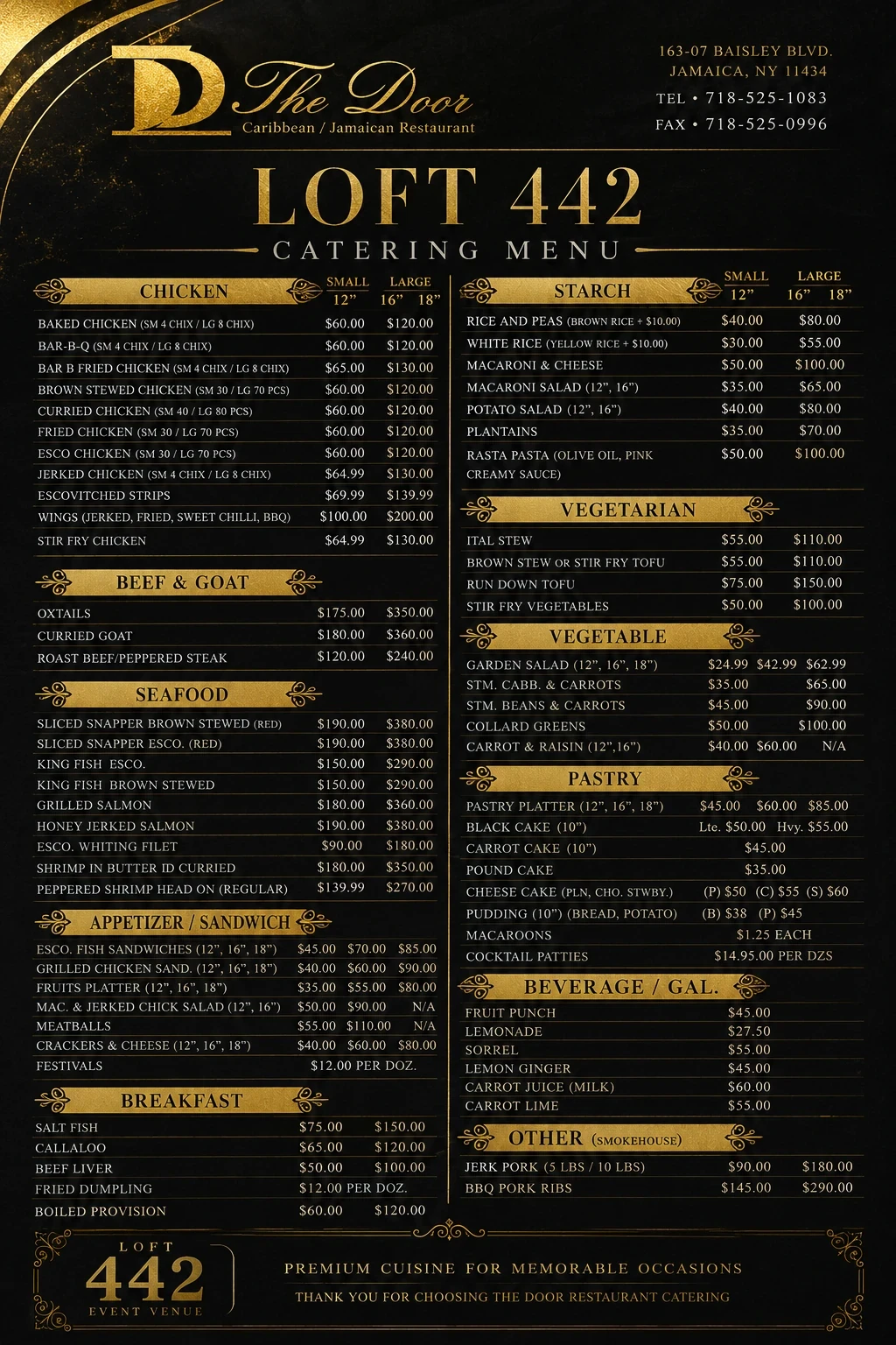 The Door Restaurant catering menu for LOFT 442 events